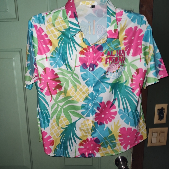 Tropical Hawaiian Care Bears Print Button Up Collared Blouse - Multicolor - Picture 1 of 3